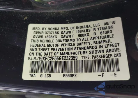 2016 Honda Civic Lx from USA, damaged, VIN 19XFC2F56GE232359